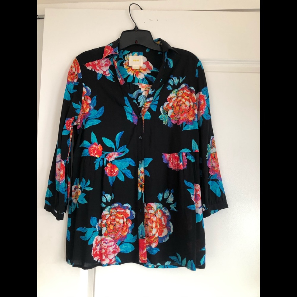 ANTHOPOLOGIE “MAEVE” BLACK FLORAL BUTTON UP